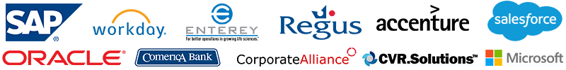 SAP, Workday, Enterey, Regus, Accenture, Salesforce, Oracle, Comerica Bank, Corporate Alliance, CVR Solutions, Microsoft